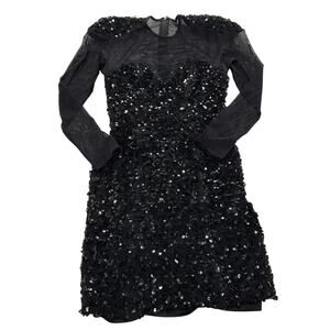 Betsy & Adam Dress Womens Small Black Sheer Mesh Sequin Long Sleeve Cocktail USA